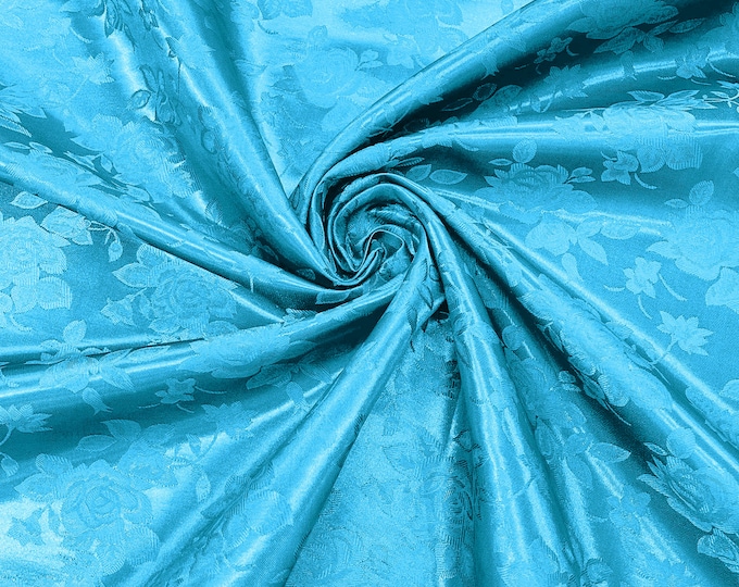 Turquoise 60" Wide Polyester Big Roses/Flowers Brocade Jacquard Satin Fabric/Cosplay Costumes, Skirts, Table Linen/Sold By The Yard.