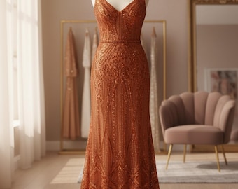 Burnt Orange Geometric New York Fashion Beaded Lace, By The Yard.