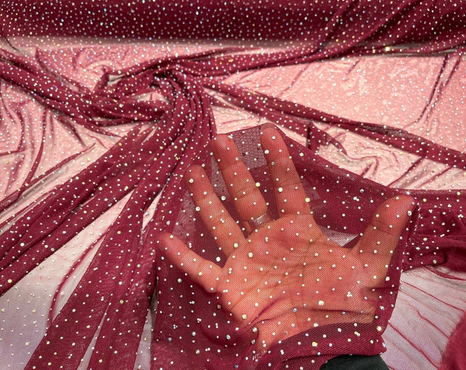 Burgundy Sheer All Over AB Rhinestones On Stretch Power Mesh Fabric, Sold by The Yard.