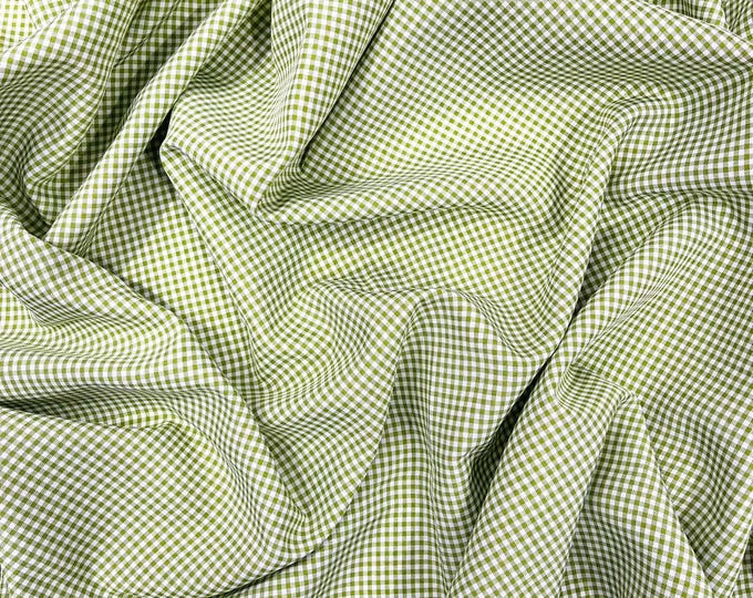 Olive Green Gingham Checkered 1/8” Squares Polyester Poplin Fabric| 58" Wide| Dress, Shirt.