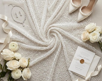 Off White Pearl Beaded Lace Fabric by the Yard, Luxury Sequin Mesh Lace for Wedding Dress, Bridal Gown, Couture Fabric