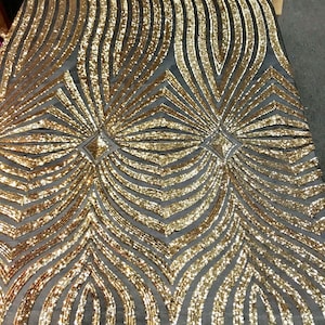Gold geometric diamond design with shiny sequins on a black 4 way stretch mesh-prom-nightgown-sold by the yard-free shipping in the USA-