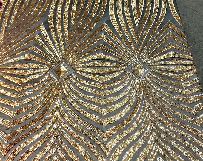 Gold geometric diamond design with shiny sequins on a black 4 way stretch mesh-prom-nightgown-sold by the yard-free shipping in the USA-