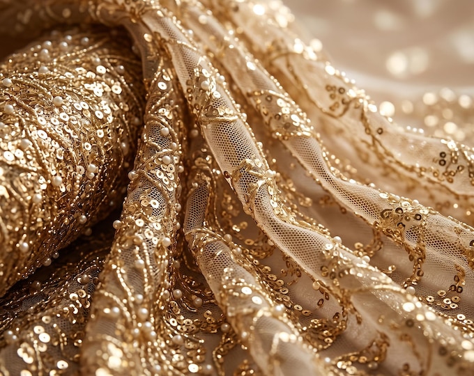 Gold Sequin Beaded Mesh Lace Fabric By The Yard, Pearl Embroidered Bridal Lace For Wedding Dresses, Prom Gowns & Evening Wear