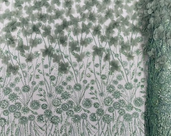 Sage Green - Luxury 3D Floral/Butterfly Beaded lace, by The Yard.