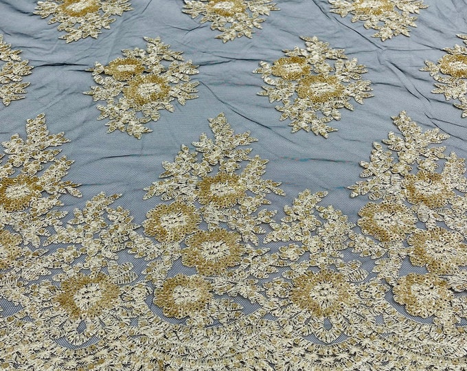 Gold/Black Floral corded embroider with glitter sequins on a mesh lace fabric-sold by the yard.