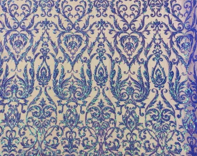 Lavender Iridescent King Damask sequin design on a 4 way stretch mesh fabric-prom-sold by the yard.