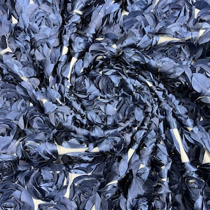 Navy blue 3D Rosette Embroidery Satin Rose Flowers  Floral Mesh Fabric by the yard
