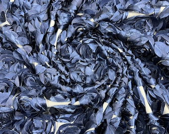 Navy blue 3D Rosette Embroidery Satin Rose Flowers  Floral Mesh Fabric by the yard