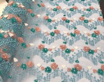 Aqua 3d multi color flowers embroidery with pearl chevron design on a mesh lace-dresses-fashion-prom-nightgown-sold by yard-free shipping.