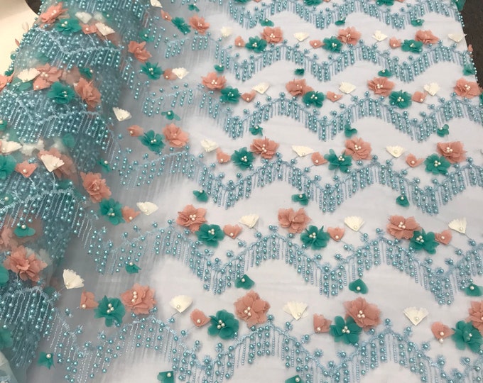 Aqua 3d multi color flowers embroidery with pearl chevron design on a mesh lace-dresses-fashion-prom-nightgown-sold by yard-free shipping.