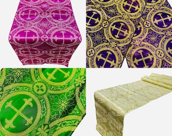 Religious Brocade Runner Tablecloth | Liturgical Fabric | Runner Ecclesiastical Jacquard | Church | Vestment - Cross Brocade.