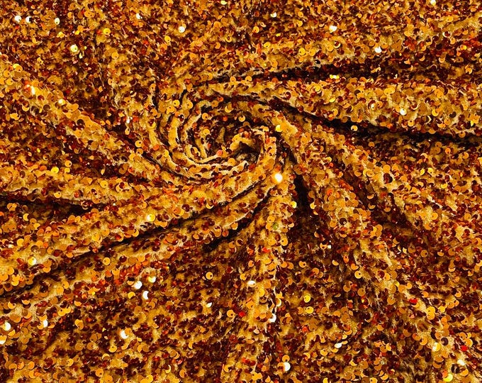 Copper stretch velvet with luxury sequins all over 5mm shining sequins 2-way stretch, sold by the yard.