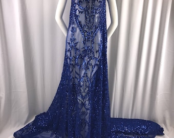 Royal blue damask design embroider with sequins on a 2 way stretch mesh-prom-nightgown-dresses-decorations-sold by the yard.