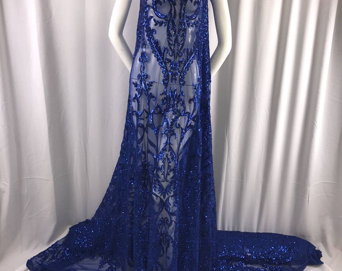 Royal blue damask design embroider with sequins on a 2 way stretch mesh-prom-nightgown-dresses-decorations-sold by the yard.