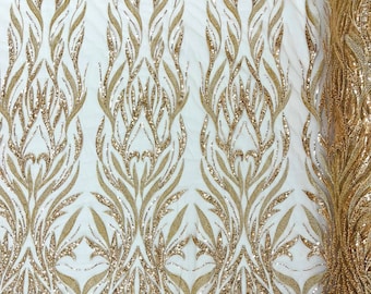 Rose gold damask embroider and  heavy beaded on a mesh lace fabric-sold by the yard-