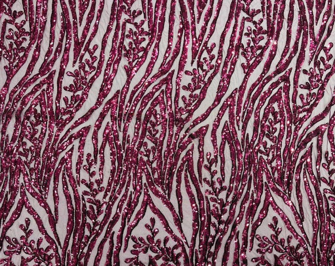 Plum - Vine/Root Sequin 4 Way Stretch Mesh Fabric, by The Yard.