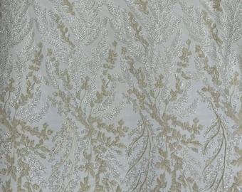 Ivory Floral Beaded Lace Fabric /Wedding/Prom/Sequin lace Sold By The Yard.
