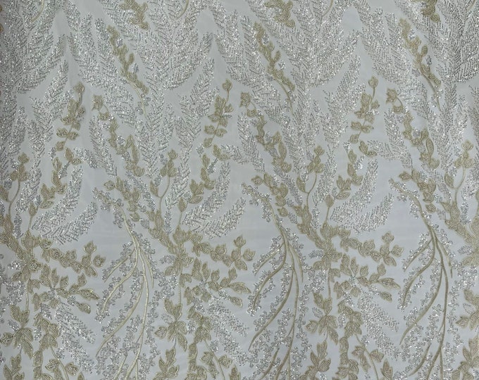 Ivory Floral Beaded Lace Fabric /Wedding/Prom/Sequin lace Sold By The Yard.