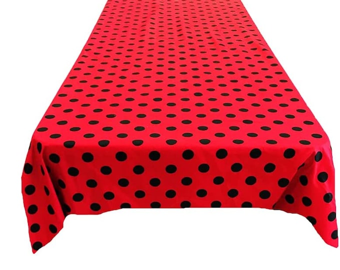 New Creations Fabric & Foam Inc, Polka Dot Poly Cotton Tablecloth (Black Dot on Red. Choose Size Below