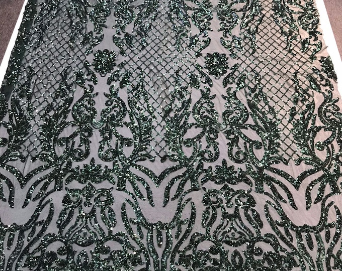 Hunter green sequins damask design embroidery on a 4 way stretch power mesh-dresses-fashion-apparel-prom-nightgown-sold by the yard.