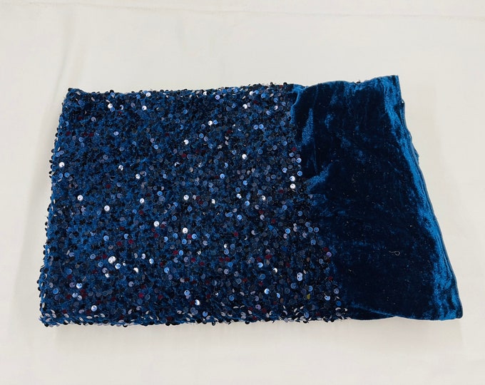 Navy Blue economic all over shiny sequins on a 2 way stretch velvet , sold by the yard.