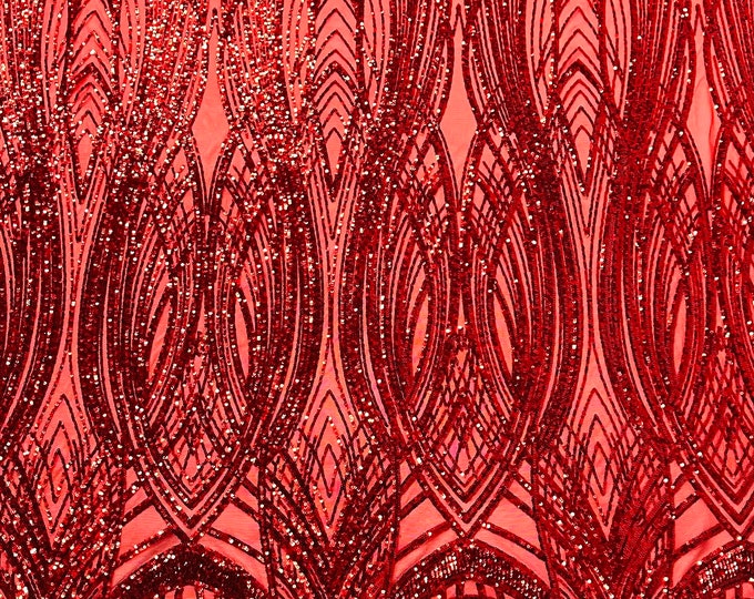 Red Feather damask shiny sequin design on a 4 way stretch mesh Fabric-prom-sold by the yard.