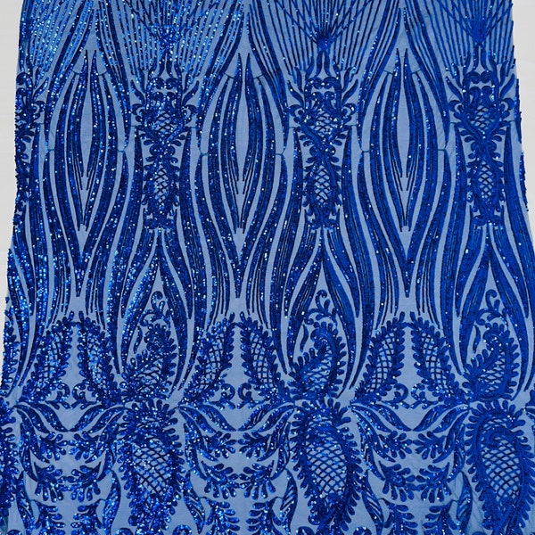 Royal Blue Paisley sequin design on a 4 way stretch mesh-prom-sold by the yard.