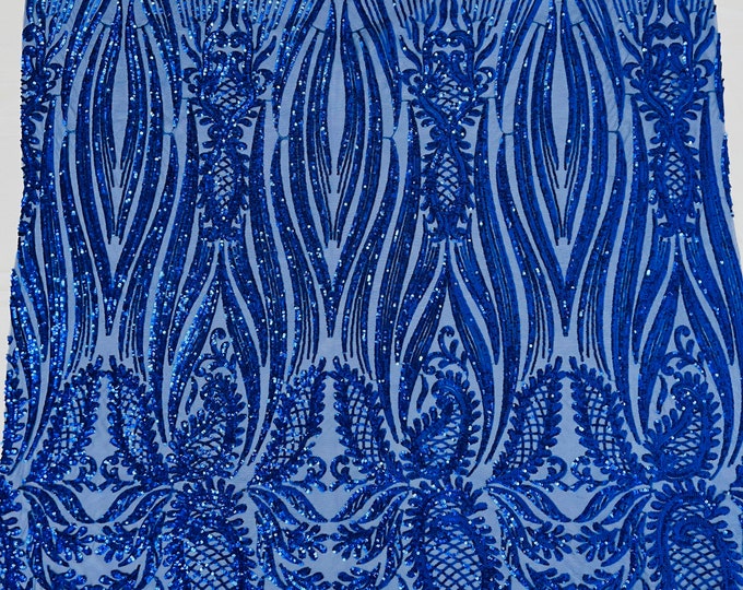 Royal Blue Paisley sequin design on a 4 way stretch mesh-prom-sold by the yard.