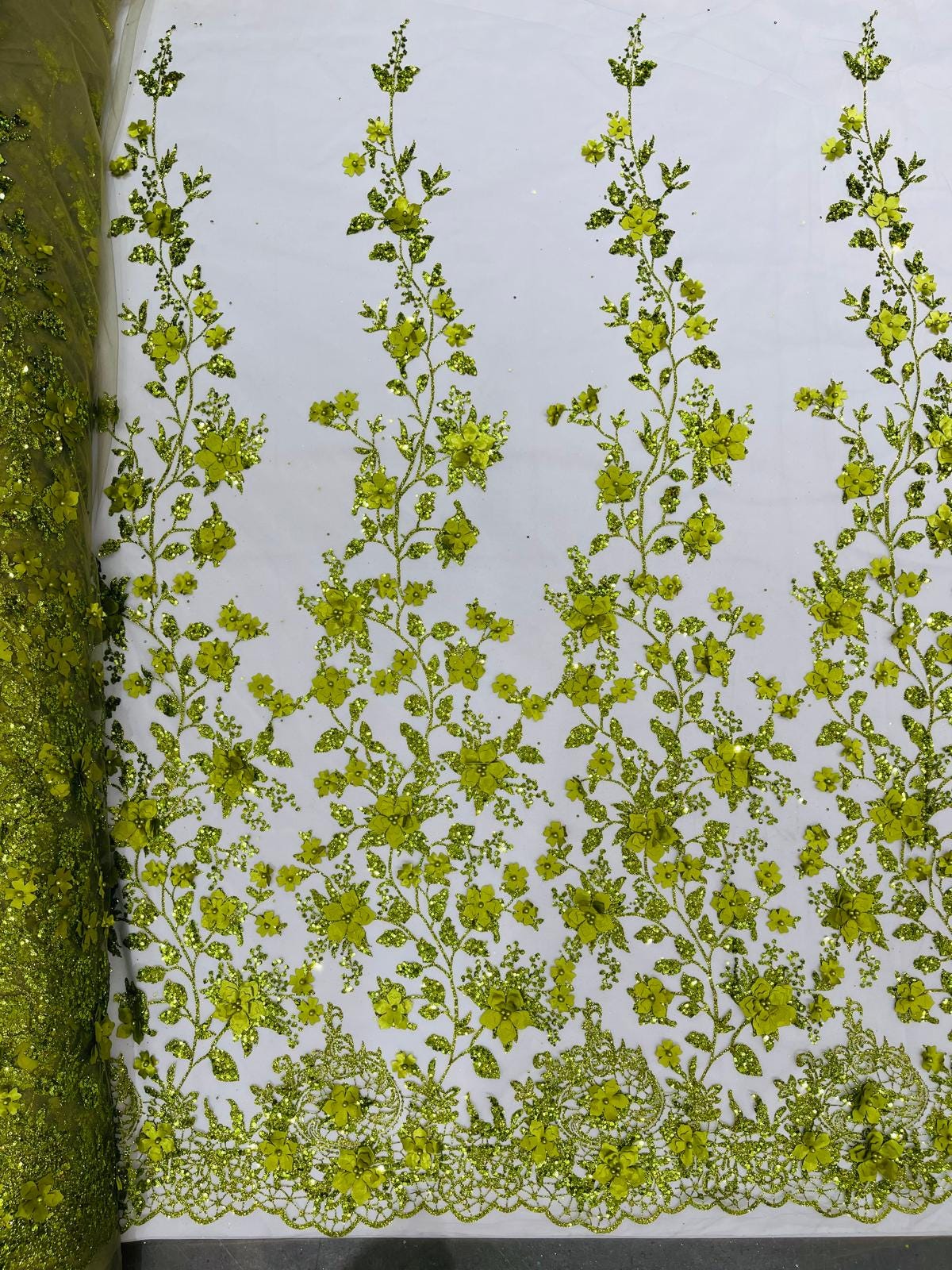 Olive Green 3D Princess Satin Flower Glitter Sequin Lace Fabric 54 ...