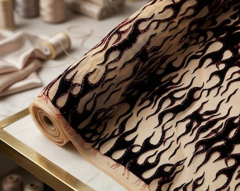Nude Flame Fabric 60” Wide | Black Flocked Flames Mesh with Red Glitter | Elegant Couture, Upholstery & Hot Rod Fabric