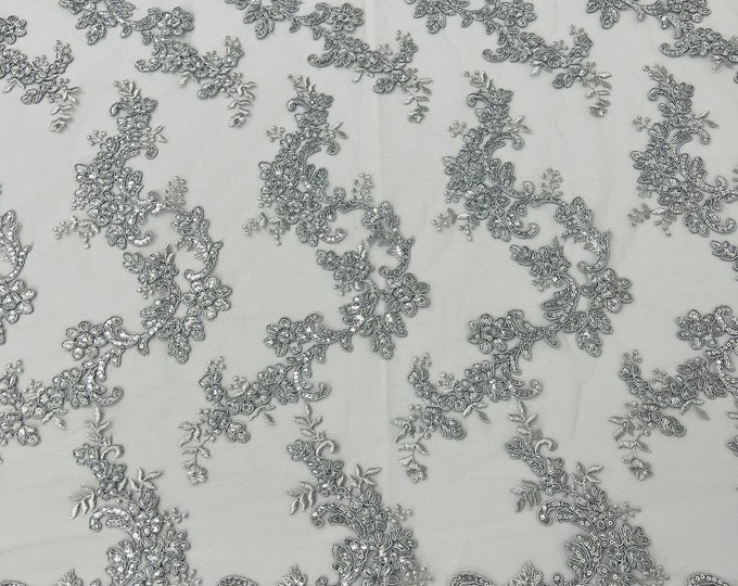 Silver flower lace corded and embroider with sequins on a mesh-Sold by the yard.