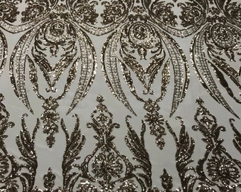 Gold princess design embroidery with sequins on a 4 way Stretch Mesh-dresses-fashion-prom-nightgown-apparel-sold by the yard.