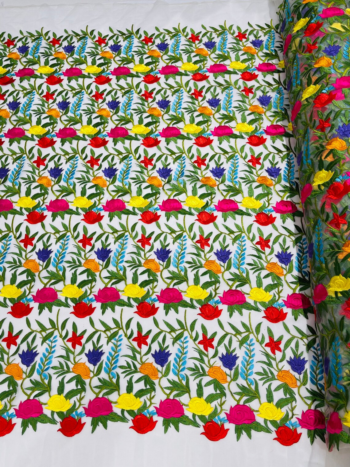 Multi Color Mexican Sarape Floral Design Embroider on a Ivory Mesh Lace-Sold by the Yard. main image 1