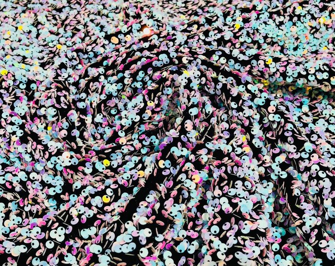 Aqua Pink Iridescent / Black stretch velvet with luxury Silver sequins all over 5mm shining sequins 2-way stretch, sold by the yard.