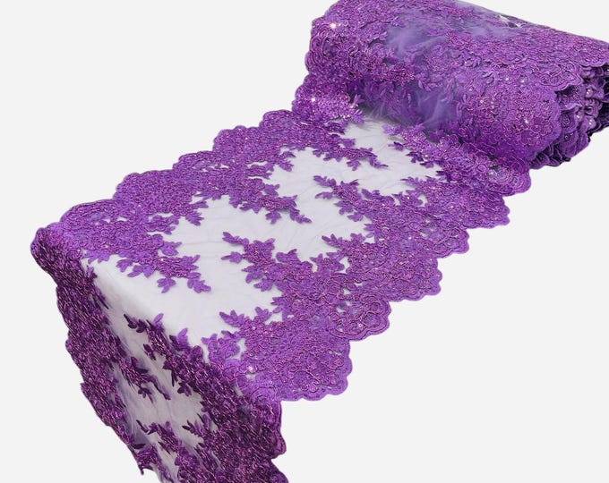 LAVENDER 14"Wide  Sequins Gold Metallic Embroidered Lace on Mesh Fabric, Trim Lace, Table Runner. Sold By The Yard.