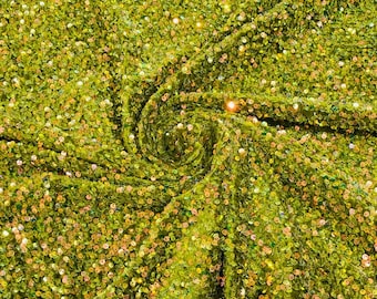 Clear Iridescent / Olive stretch velvet with luxury sequins all over 5mm shining sequins 2-way stretch, sold by the yard.