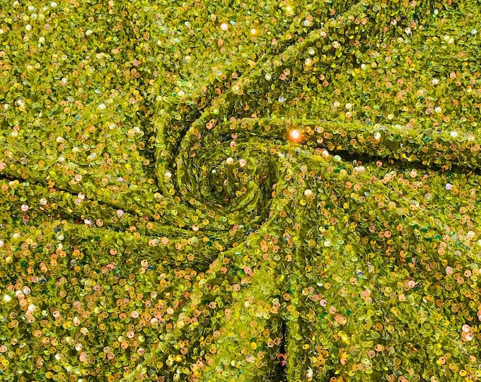 Clear Iridescent / Olive stretch velvet with luxury sequins all over 5mm shining sequins 2-way stretch, sold by the yard.