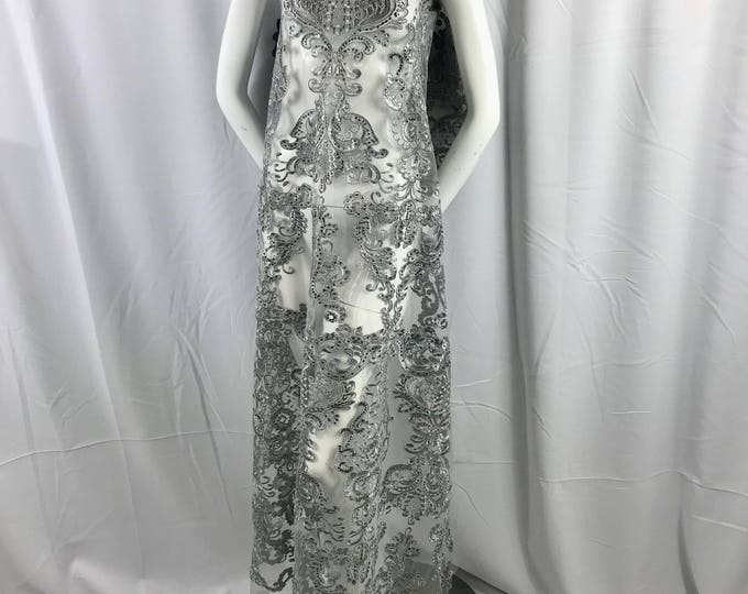 Gray damask pattern Embroidery with shiny sequins and Corded on a mesh lace-nightgown-fashion-apparel-decorations-sold by the yard.