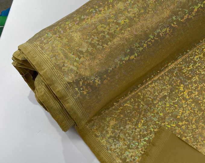 Gold Shattered Glass Foil Hologram/58” Wide/4 Way Stretch Spandex Nylon Tricot by the yard.