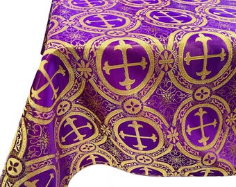 Purple/Gold Cross Brocade Tablecloth – Religious Jacquard Satin Overlay
