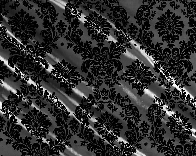 Silver - Flocked Damask Taffeta Fabric - Sold By The Yard.