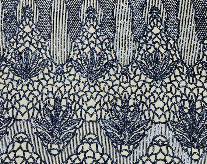 Navy blue shiny floral damask sequin design on a 4 way stretch mesh-prom-sold by the yard.
