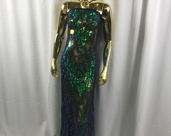 Black 4 way Stretch power mesh lace embroidered with green iridescent sequins-dresses-fashion-apparel-prom-nightgown-sold by the yard.