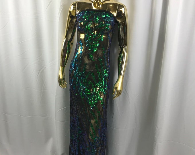 Black 4 way Stretch power mesh lace embroidered with green iridescent sequins-dresses-fashion-apparel-prom-nightgown-sold by the yard.