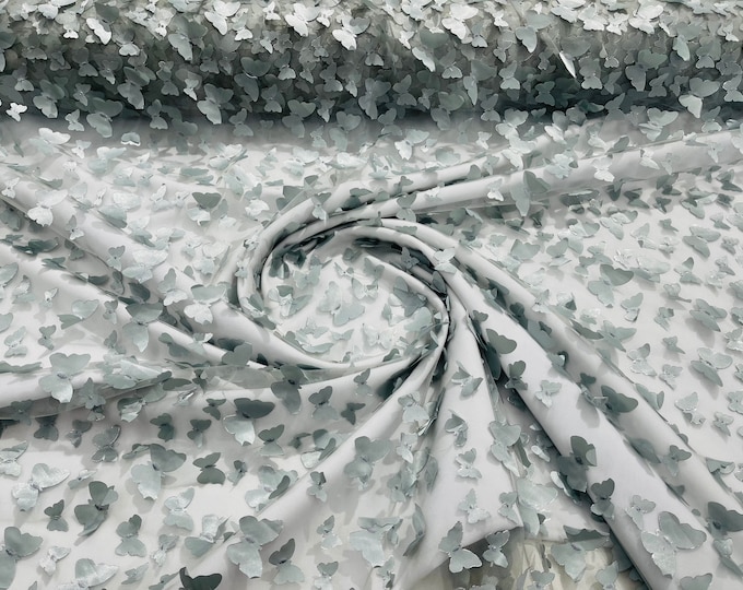 Silver/Gray 3D butterfly metallic design embroider on a mesh fabric - Sold By the Yard .