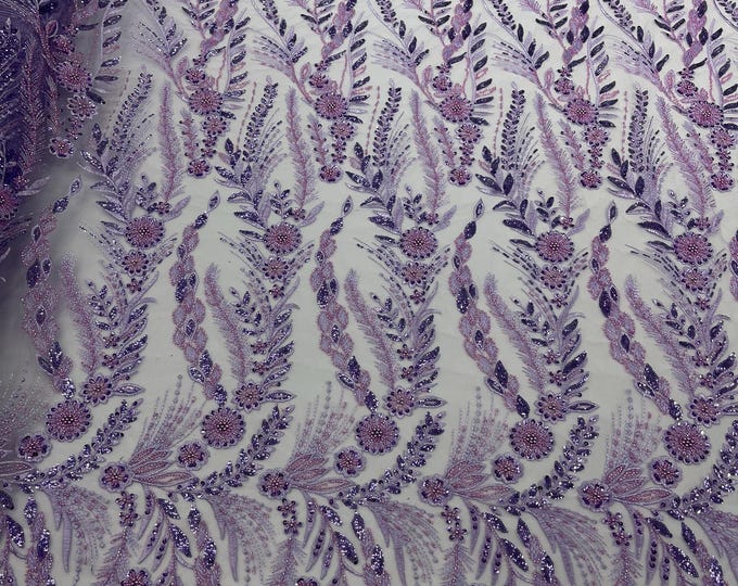 Lilac - Feather and Vine Beaded Lace Fabric, by The Yard.