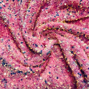 Clear Iridescent / Pink stretch velvet with luxury sequins all over 5mm shining sequins 2-way stretch, sold by the yard.