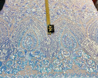 Aqua clear iridescent sequin diamond design on a 4 way stretch nude mesh-prom-nightgown-Sold by the yard