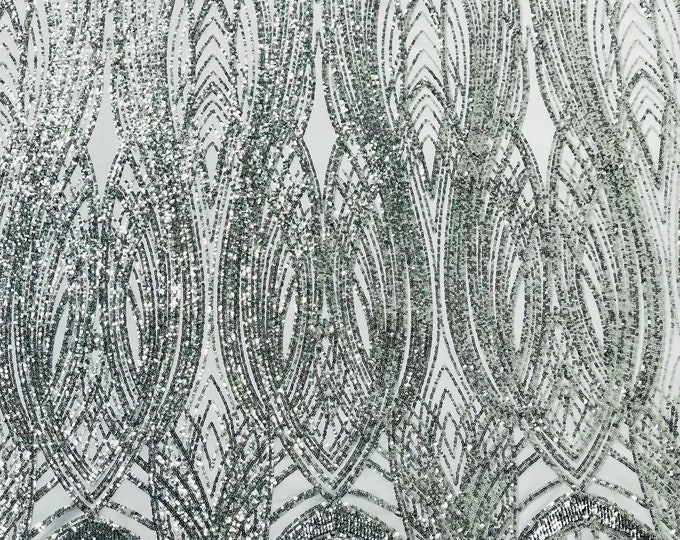 Silver Feather damask shiny sequin design on a White 4 way stretch mesh Fabric-prom-sold by the yard.